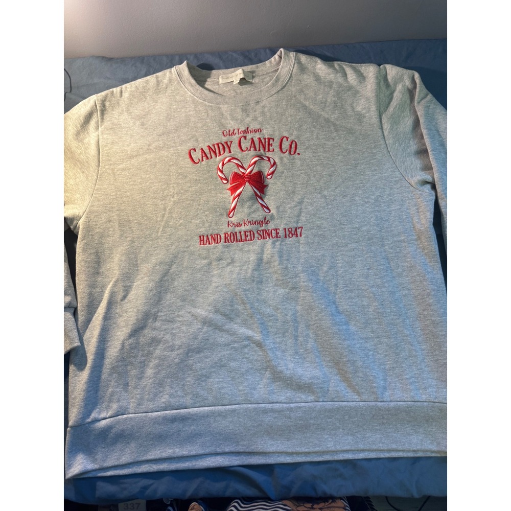 State of Mind Candy Cane Co Christmas Sweatshirt Grey XL Embroidered Holiday